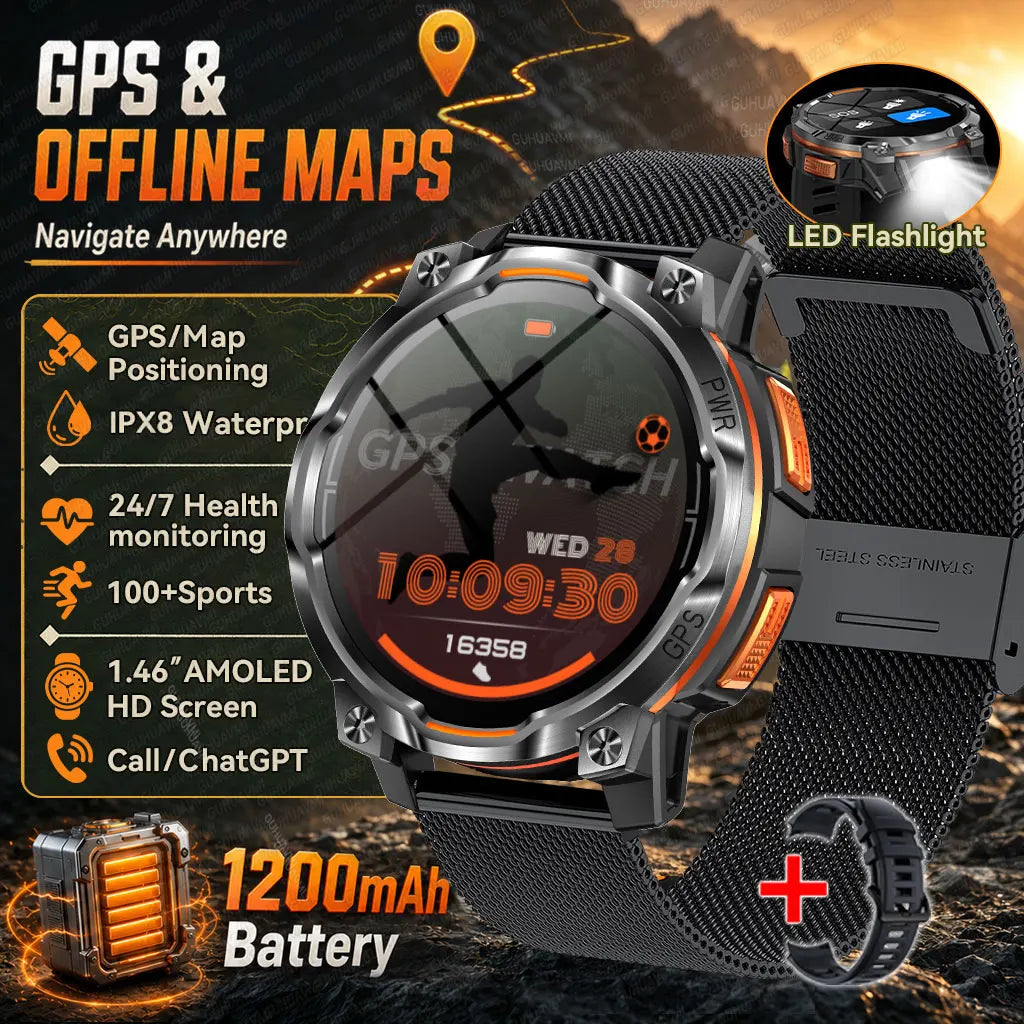 GPS Smart Watch – 1200mAh, IPX8, Bluetooth Call & Health Monitor
