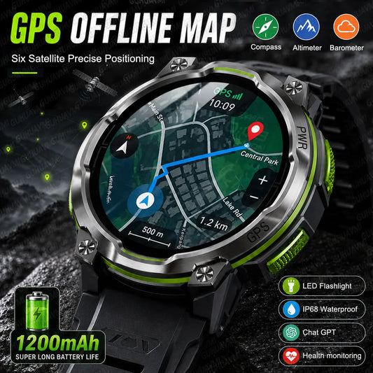 GPS Smart Watch – 1200mAh, IPX8, Bluetooth Call & Health Monitor