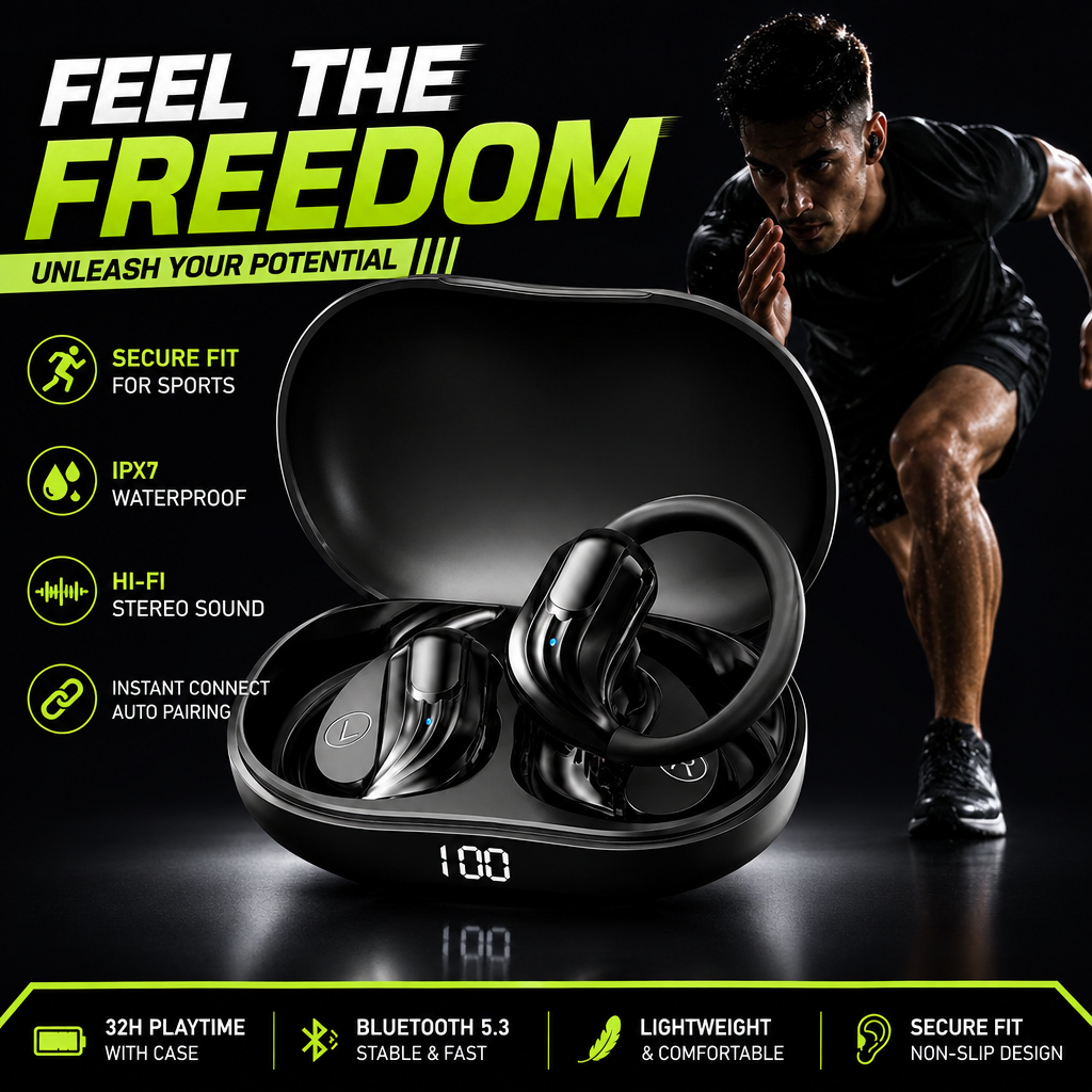 Wireless Earhook Earbuds – BT 5.3, LED Display & Deep Bass
