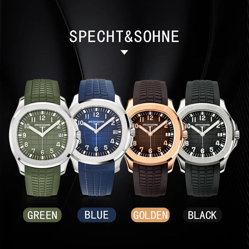 Specht&Sohne Brand Automatic Mechanical Watches Sports Wristwatches Green Sapphire Luminous 50M Waterproof  Relogio Masculino