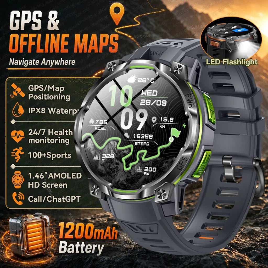 GPS Smart Watch – 1200mAh, IPX8, Bluetooth Call & Health Monitor