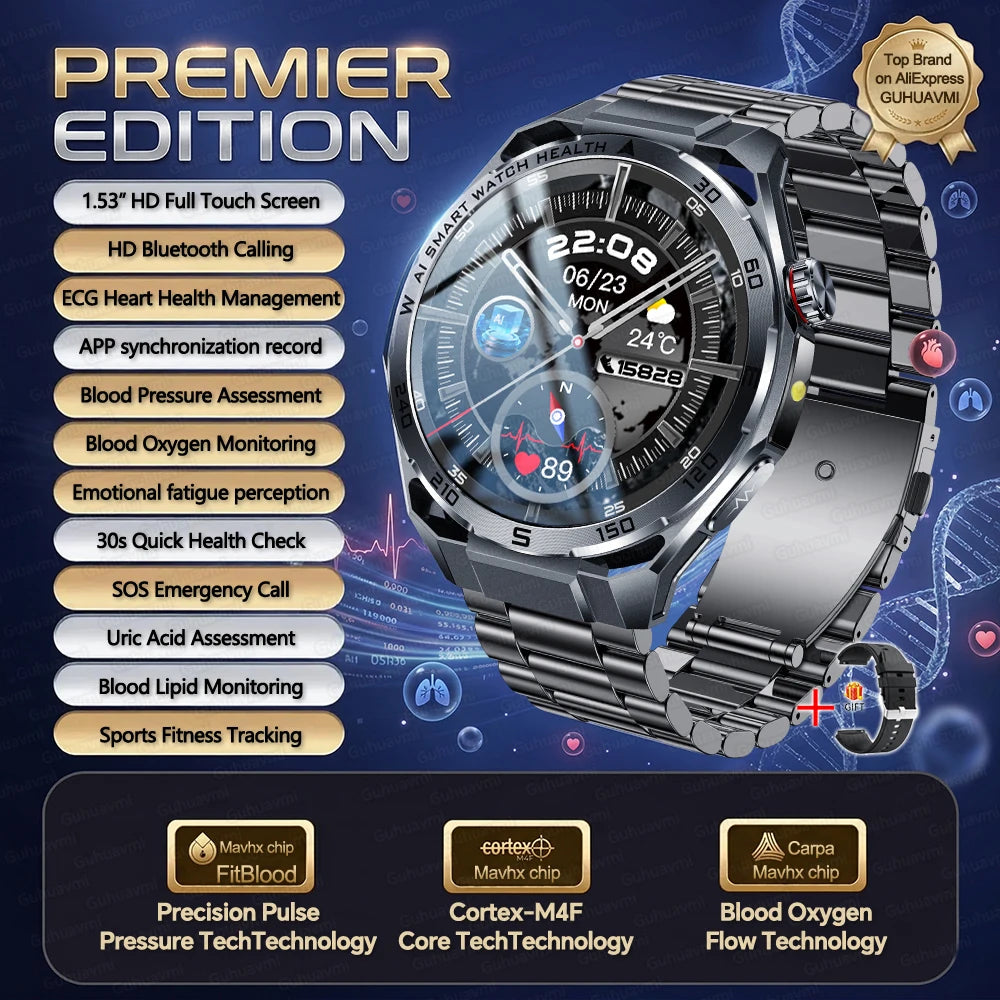 Nursing-Grade AI ECG Smart Watch | Sapphire Glass & Bluetooth