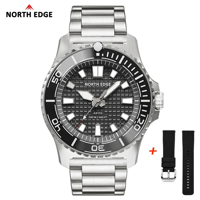 NORTH EDGE ABYSS Men Solar Powered Diving Quartz Luxury Watch 200M Waterproof Dive Sports Watches 316L Steel Case 180+ Day Power