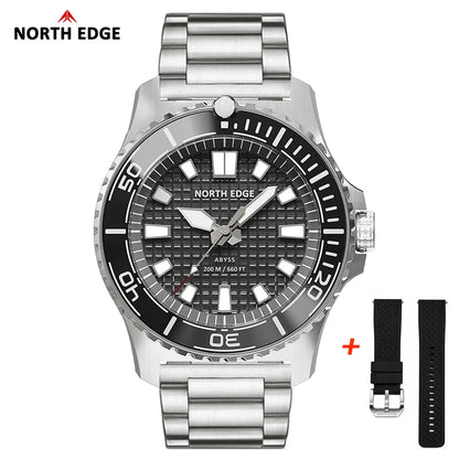 NORTH EDGE ABYSS Solar Diver-Style Watch – Ceramic Bezel, Ice-Texture Dial, 200m