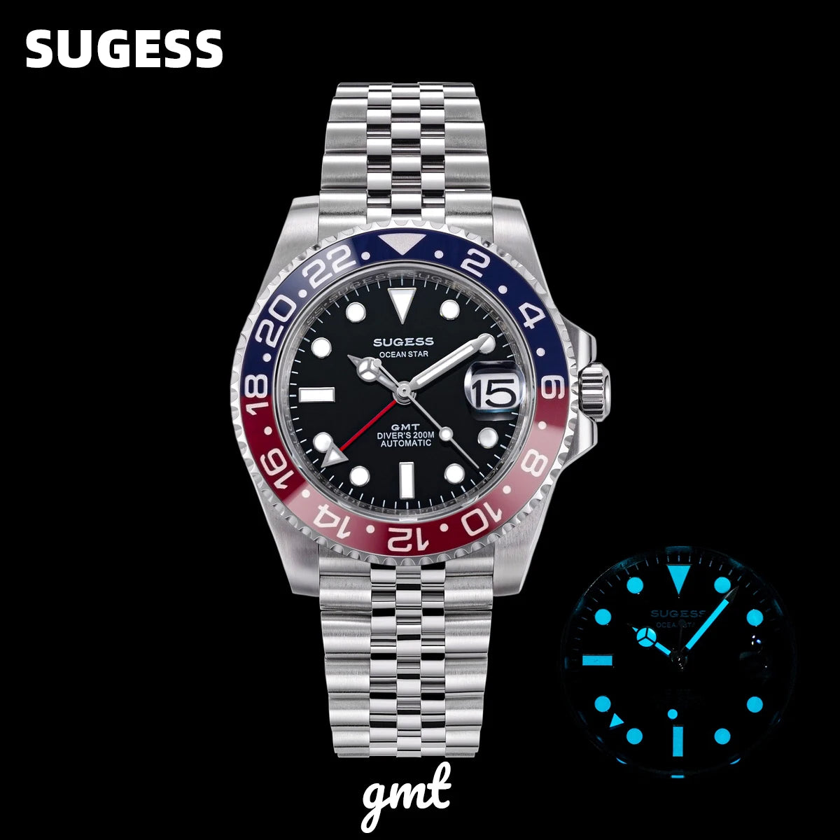Sugess GMT Diving Watch of Men Automatic Mechanical Waterproof Wristwatches Peacock SL3032 Movement Ceramic Bezel Jubille Band
