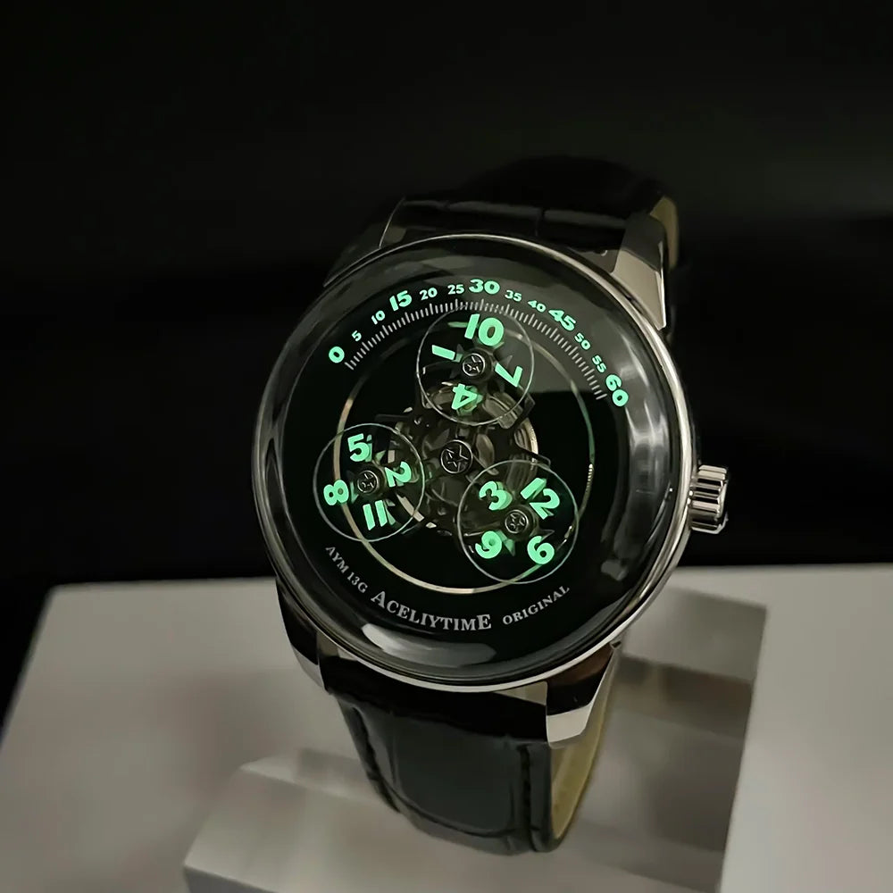 Fashion Men Automatic Mechanical Watch Skeleton Dial 316L Stainless Steel Case Waterproof Genuine Leather Strap Wristwatch