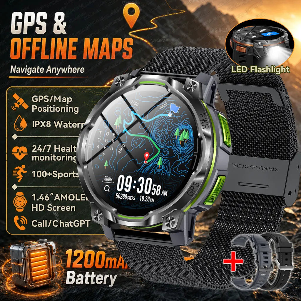 GPS Smart Watch – 1200mAh, IPX8, Bluetooth Call & Health Monitor