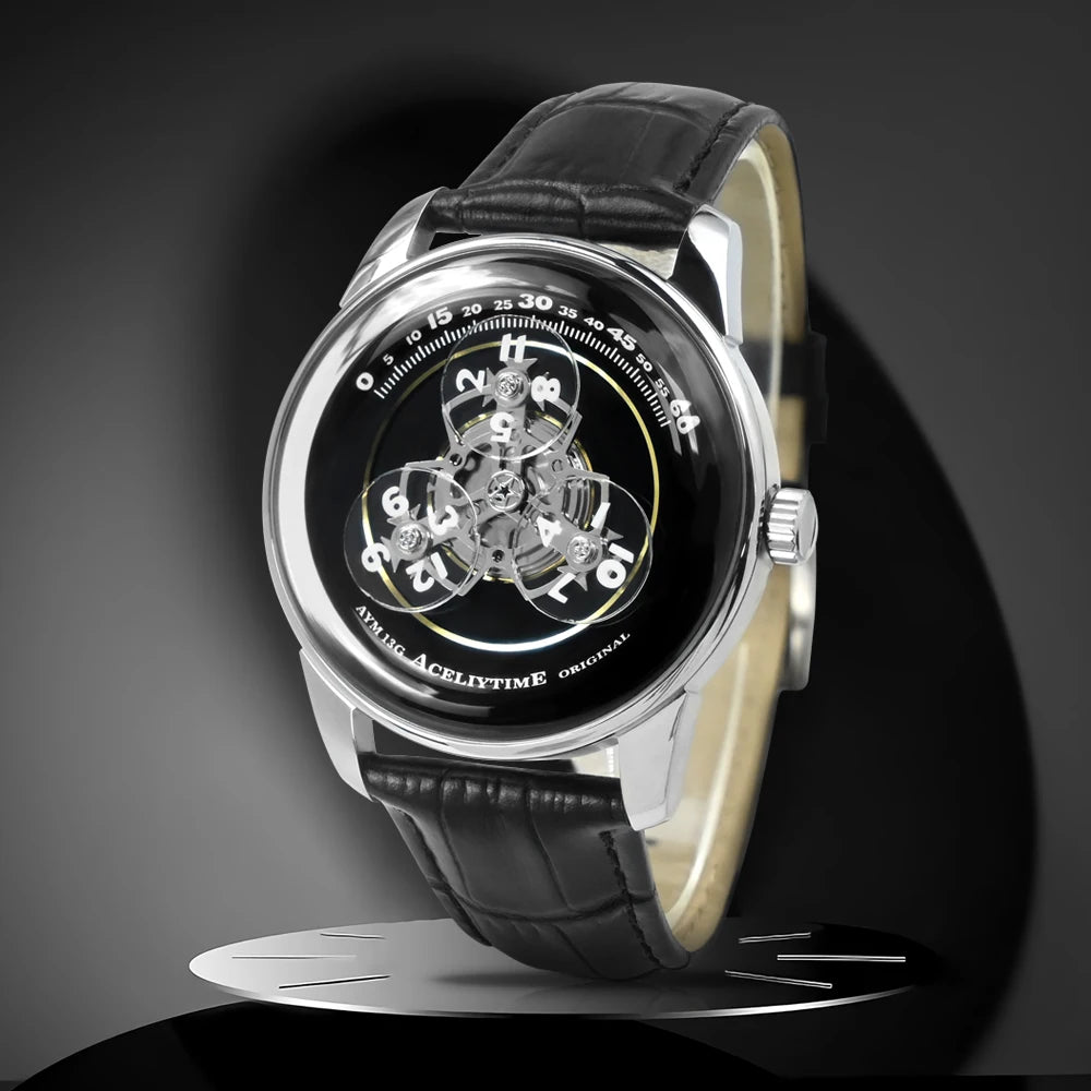Fashion Men Automatic Mechanical Watch Skeleton Dial 316L Stainless Steel Case Waterproof Genuine Leather Strap Wristwatch