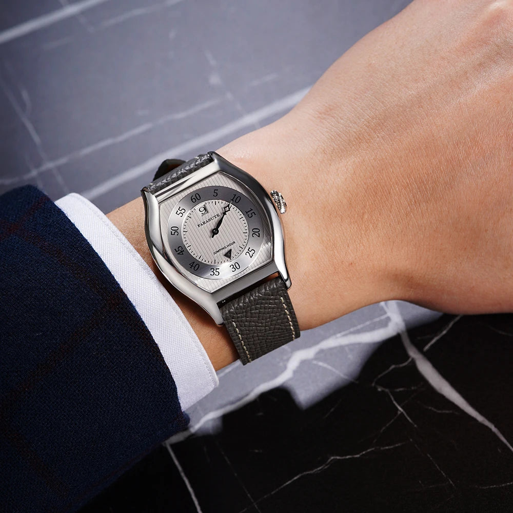 FARASUTE Retro Salmon Dial Jumping Hour Wristwatch For Men Seagull St17 Full Automatic Male Sapphire Vintage Date Window Watch