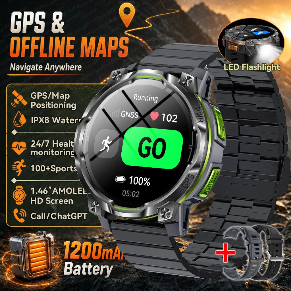 GPS Smart Watch – 1200mAh, IPX8, Bluetooth Call & Health Monitor