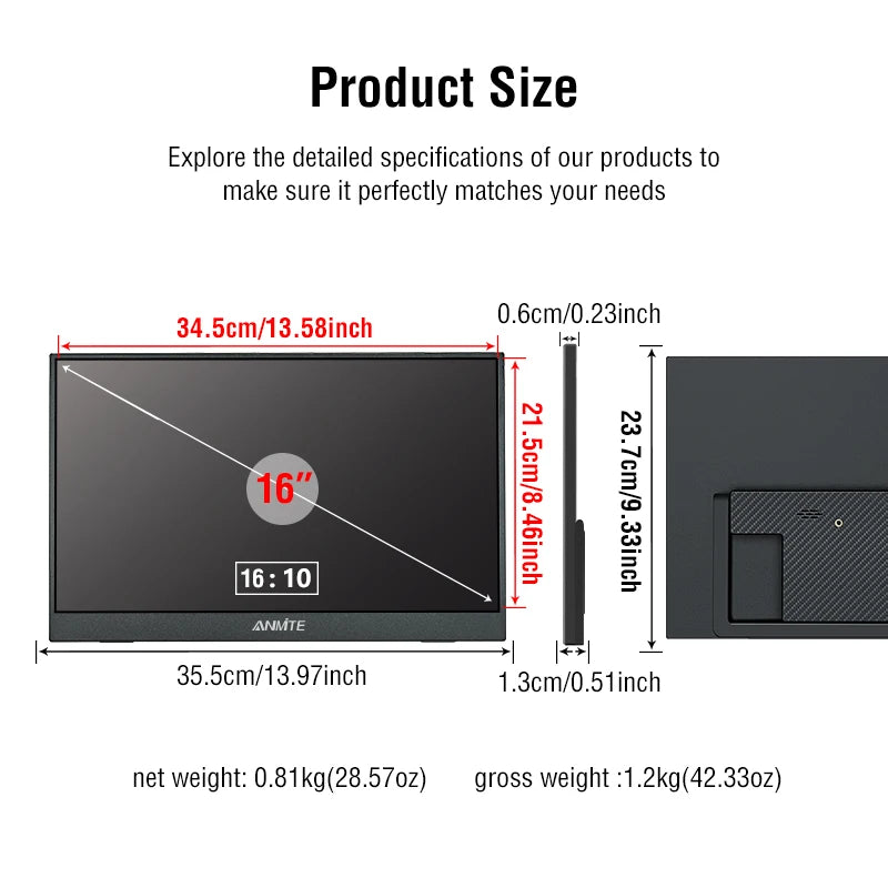Anmite 16" Portable Touch Monitor – 1200P HDR, 16:10