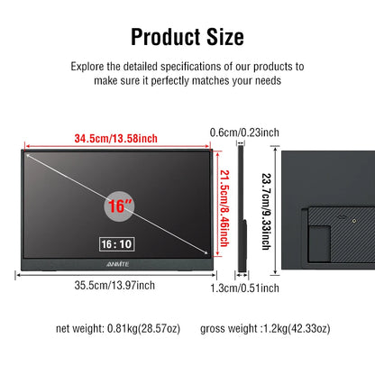 Anmite 16" Portable Touch Monitor – 1200P HDR, 16:10