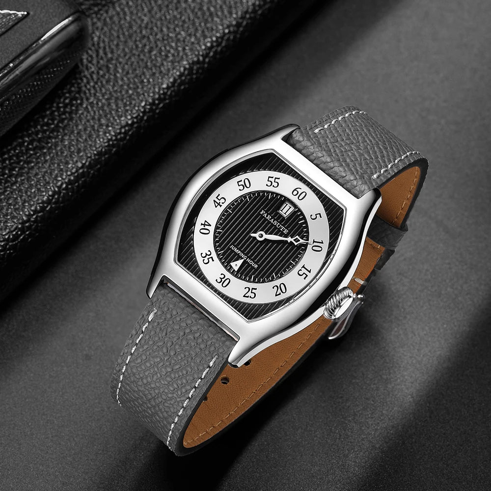 FARASUTE Retro Salmon Dial Jumping Hour Wristwatch For Men Seagull St17 Full Automatic Male Sapphire Vintage Date Window Watch