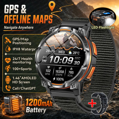 GPS Smart Watch – 1200mAh, IPX8, Bluetooth Call & Health Monitor