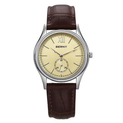 BERNY 2944M Slim Dress Watch – 38mm, 7.5mm Thin, Miyota Quartz, Leather Strap