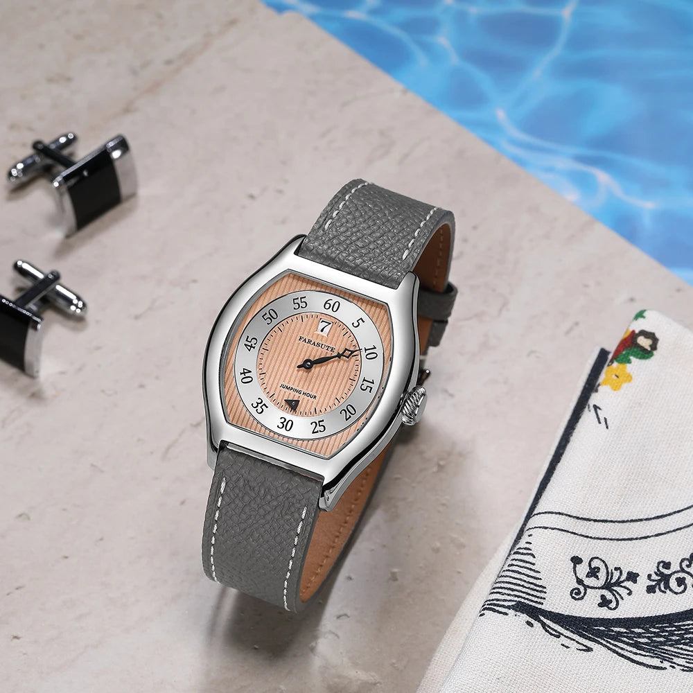FARASUTE Retro Salmon Dial Jumping Hour Wristwatch For Men Seagull St17 Full Automatic Male Sapphire Vintage Date Window Watch