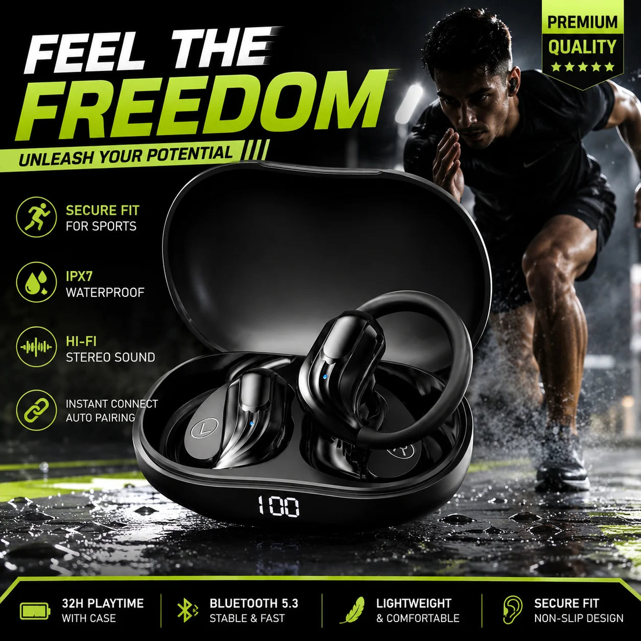 Wireless Earhook Earbuds – BT 5.3, LED Display, Deep Bass