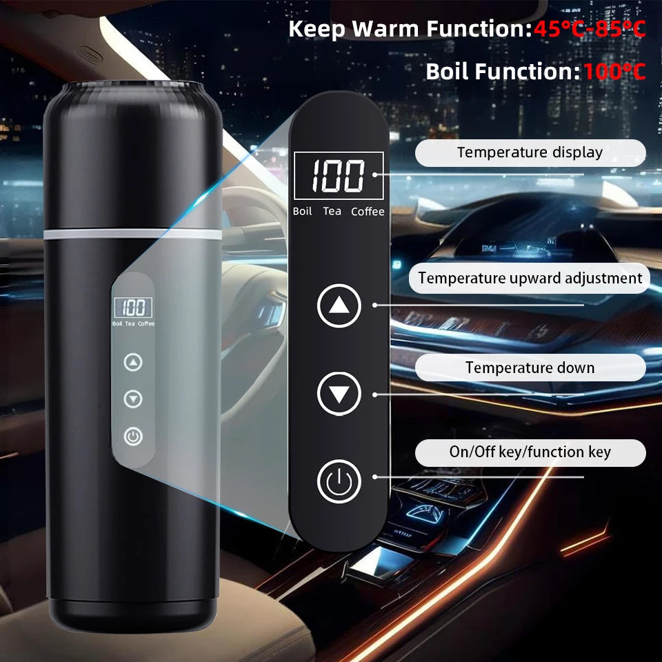 Portable Car Kettle 500ml – 12V/24V Heated Travel Mug, Adjustable Temperature