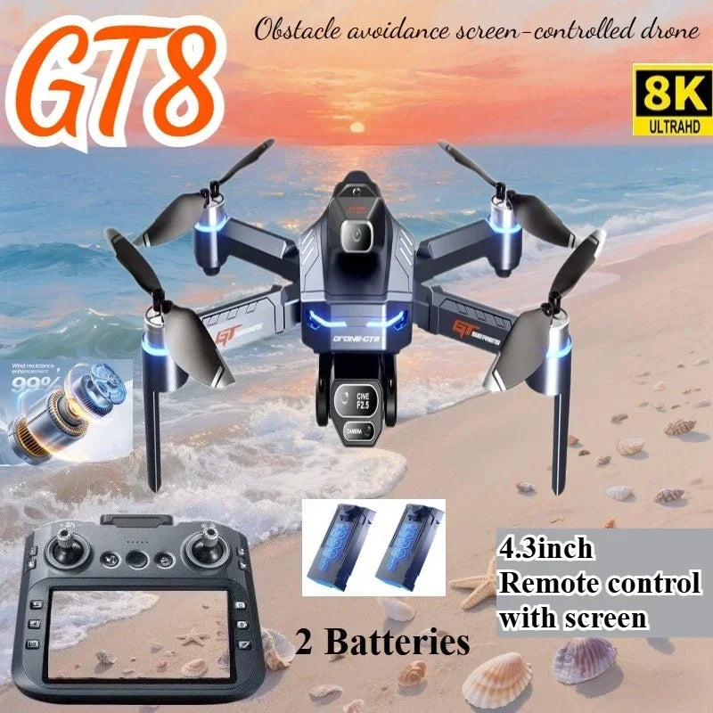 Drone 4K HD GT8 Camera Obstacle Avoidance Aerial Photography Brushless Drone with Screen Foldable RC Drone Quadcopter RTF