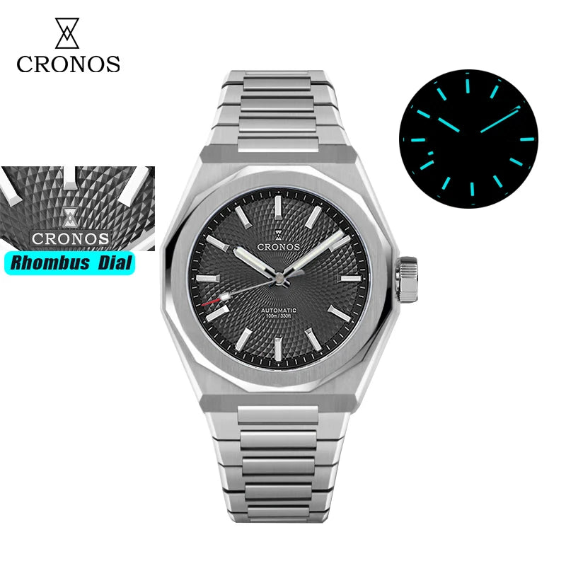 Cronos New Rhombus Perlage 39mm  Skeleton Dial PT5004 Miyota 90S5 See-through Caseback Men Automatic Wristwatches 10ATM Lumious