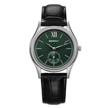 BERNY 2944M Slim Dress Watch – 38mm, 7.5mm Thin, Miyota Quartz, Leather Strap