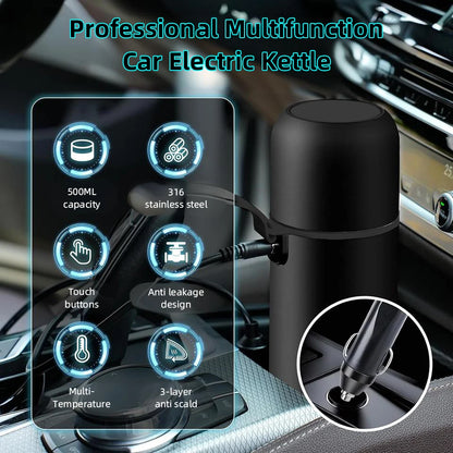 Portable Car Kettle 500ml – 12V/24V Heated Travel Mug, Adjustable Temperature