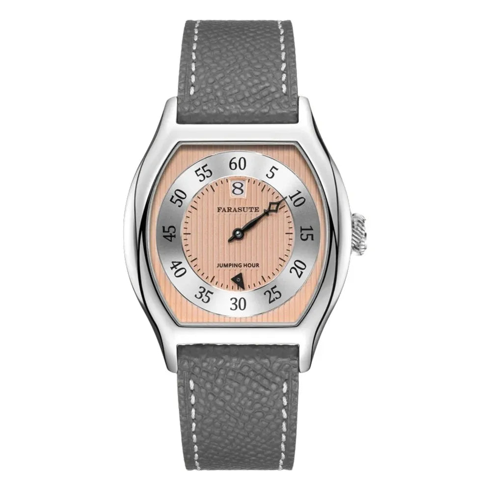 FARASUTE Retro Salmon Dial Jumping Hour Wristwatch For Men Seagull St17 Full Automatic Male Sapphire Vintage Date Window Watch