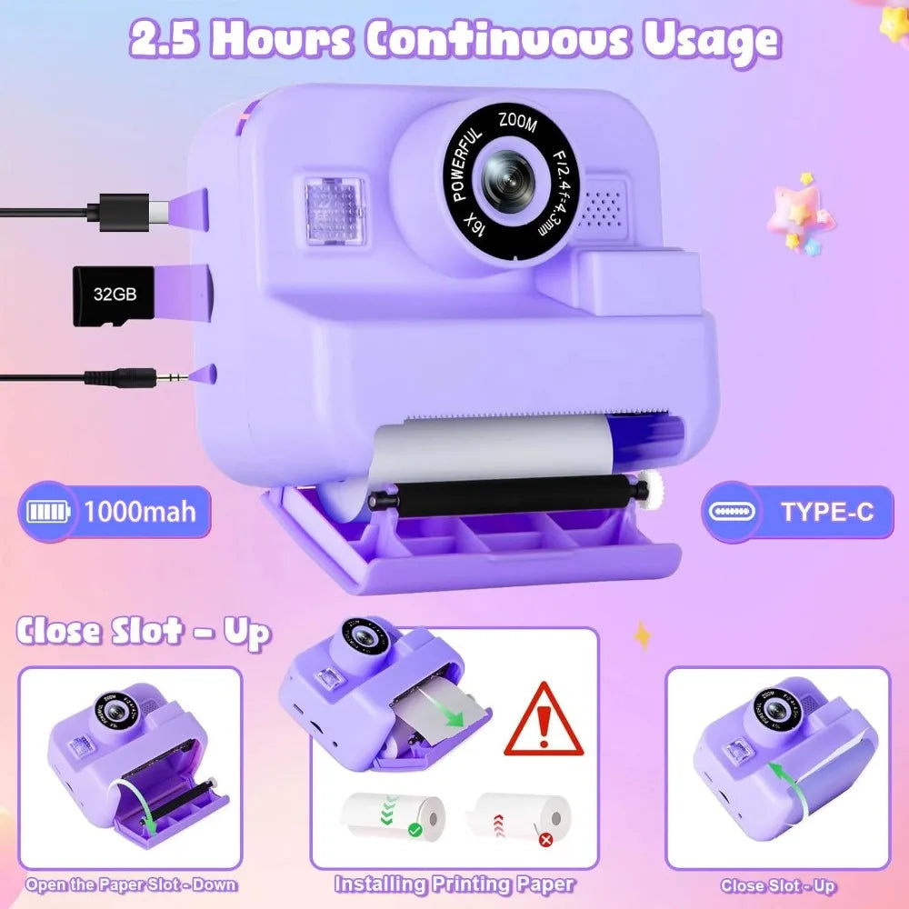 Kids Thermal Instant Print Camera – 1080P with 32GB Card