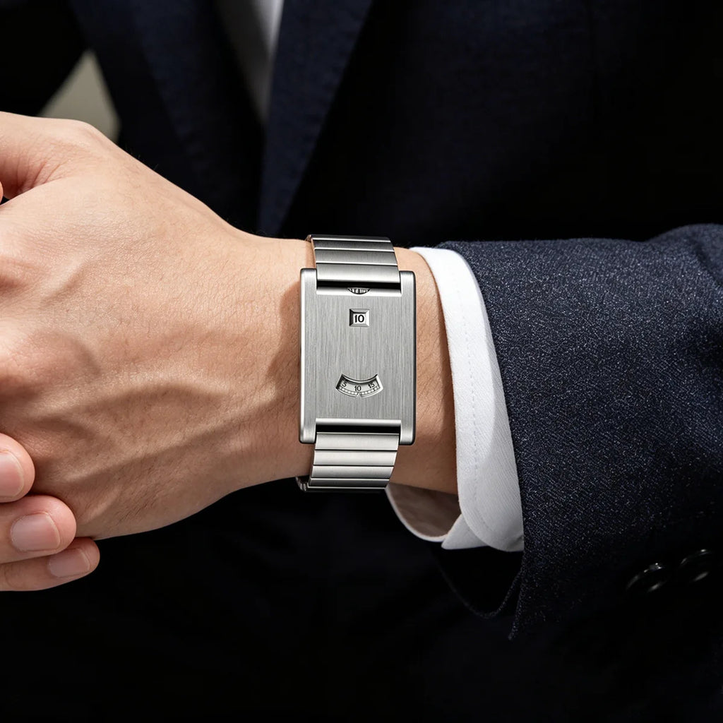 Men's Stainless Steel Square Watch Unique Jump Hour Digital Wristwatch Fashion Bracelet Quartz Watch Reloj Hombre