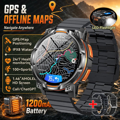 GPS Smart Watch – 1200mAh, IPX8, Bluetooth Call & Health Monitor
