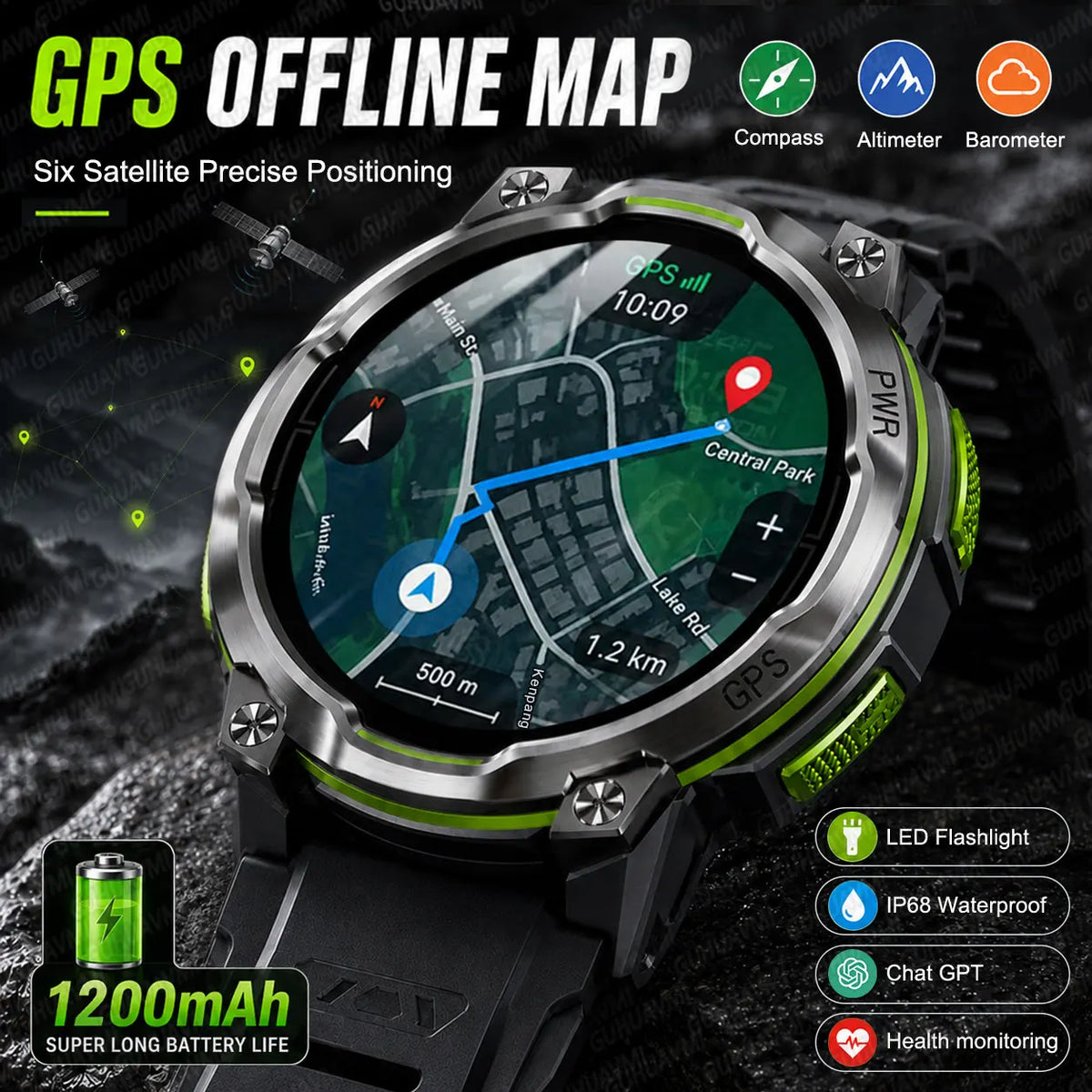 GPS Smart Watch – 1200mAh, IPX8, Bluetooth Call & Health Monitor