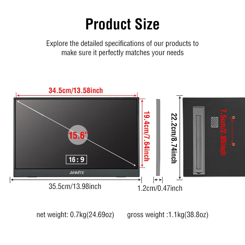 Anmite 15.6" Portable Touch Monitor – 1080P HDR, USB-C