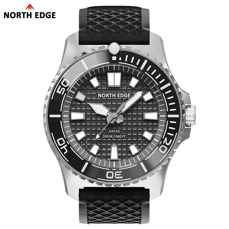 NORTH EDGE ABYSS Men Solar Powered Diving Quartz Luxury Watch 200M Waterproof Dive Sports Watches 316L Steel Case 180+ Day Power