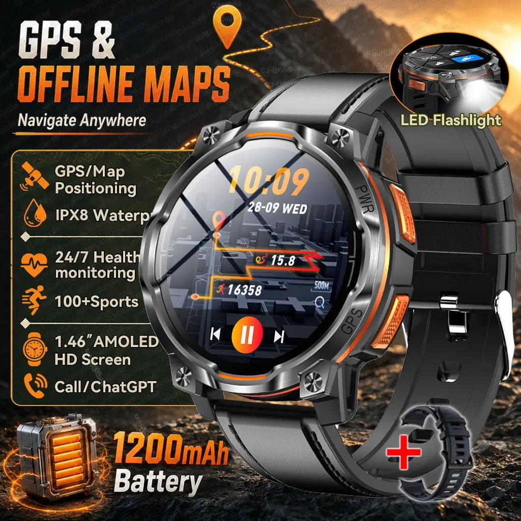 GPS Smart Watch – 1200mAh, IPX8, Bluetooth Call & Health Monitor