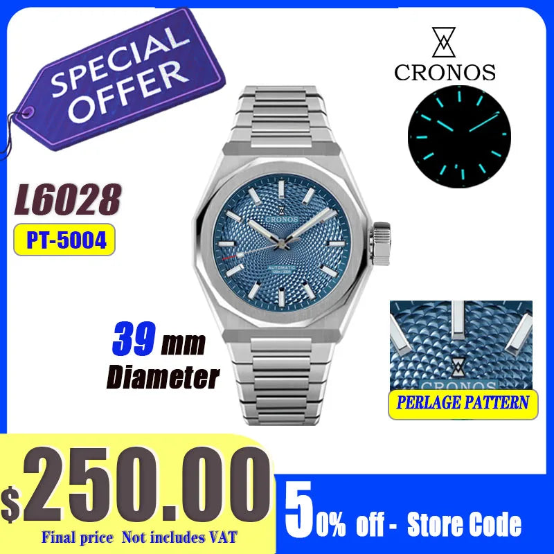 Cronos New Rhombus Perlage 39mm  Skeleton Dial PT5004 Miyota 90S5 See-through Caseback Men Automatic Wristwatches 10ATM Lumious