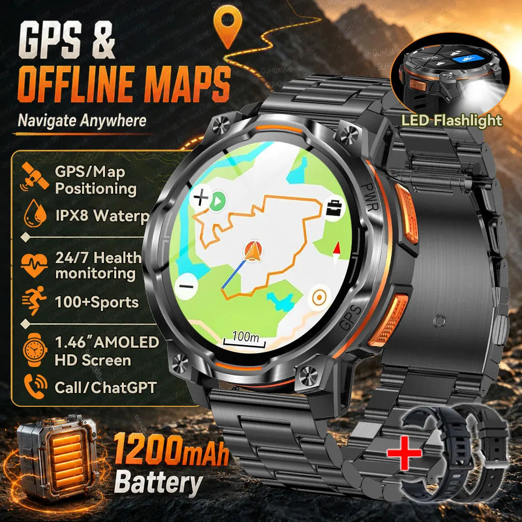 GPS Smart Watch – 1200mAh, IPX8, Bluetooth Call & Health Monitor