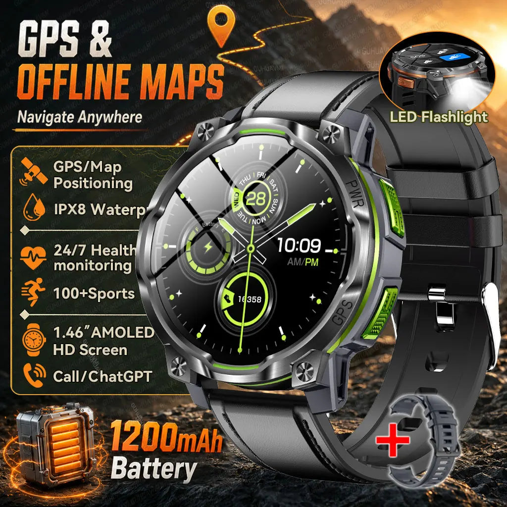 GPS Smart Watch – 1200mAh, IPX8, Bluetooth Call & Health Monitor