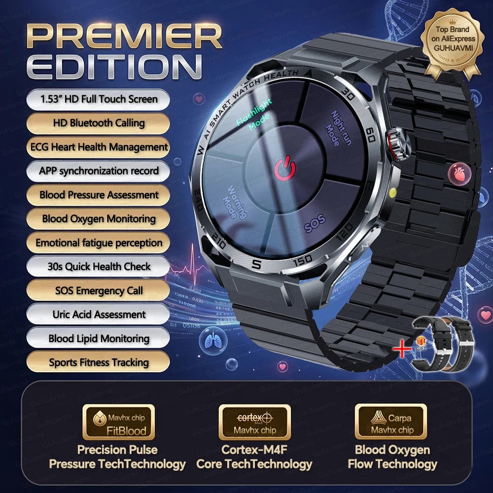 Nursing-Grade AI ECG Smart Watch | Sapphire Glass & Bluetooth