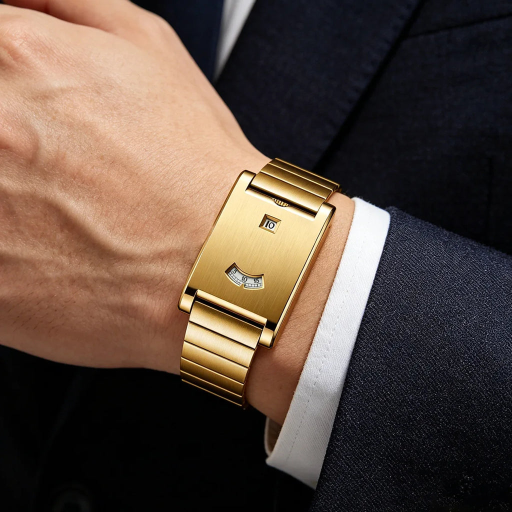 Men's Stainless Steel Square Watch Unique Jump Hour Digital Wristwatch Fashion Bracelet Quartz Watch Reloj Hombre