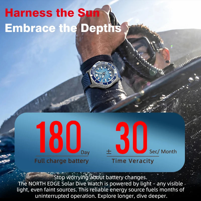 NORTH EDGE ABYSS Men Solar Powered Diving Quartz Luxury Watch 200M Waterproof Dive Sports Watches 316L Steel Case 180+ Day Power