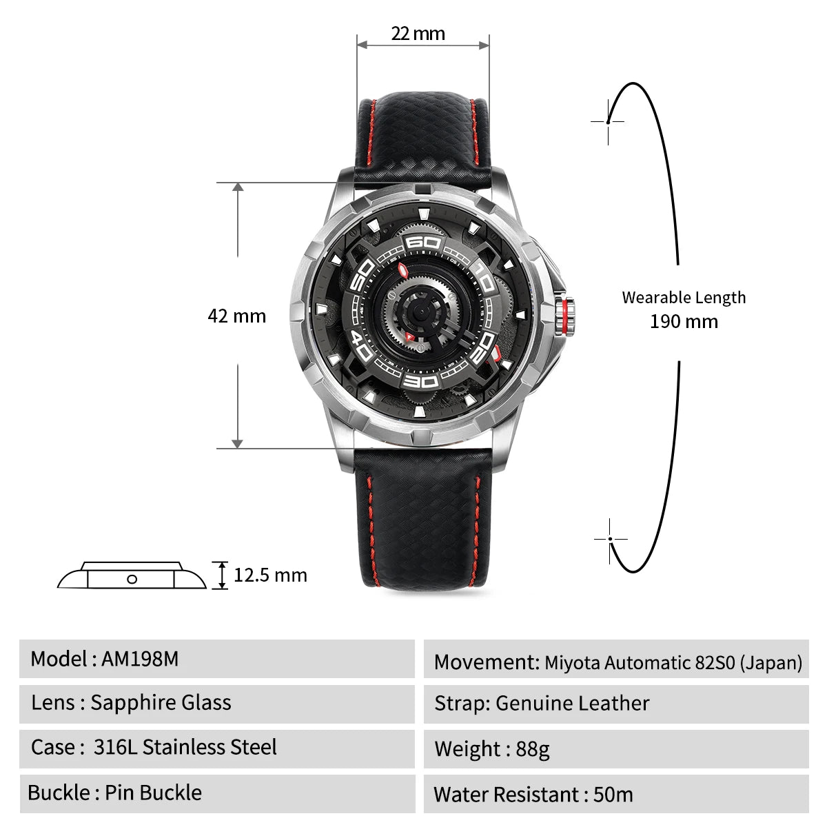 BERNY Automatic Skeleton Watch – MIYOTA 82S0, 3D Dial, Sapphire, 5ATM
