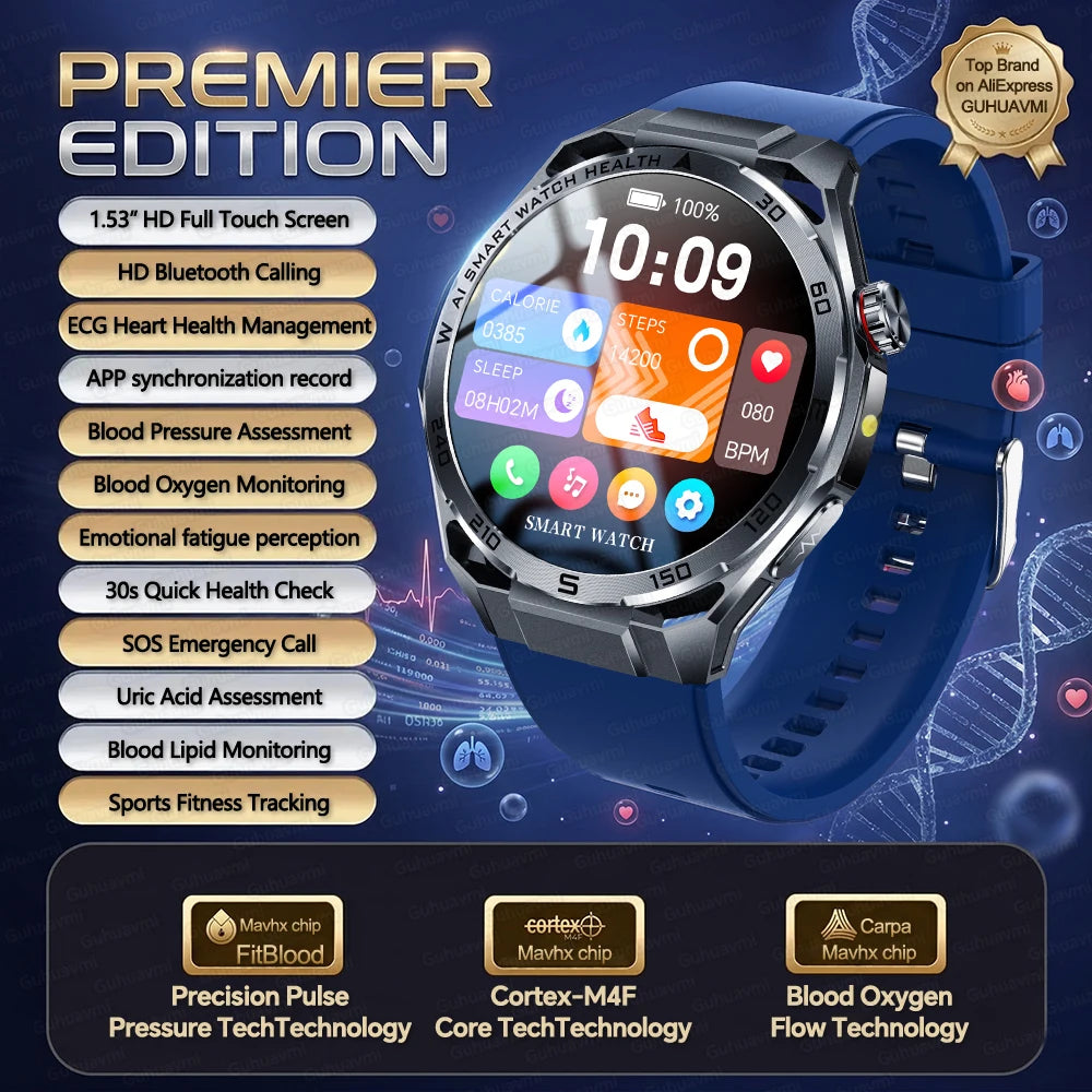 Nursing-Grade AI ECG Smart Watch | Sapphire Glass & Bluetooth