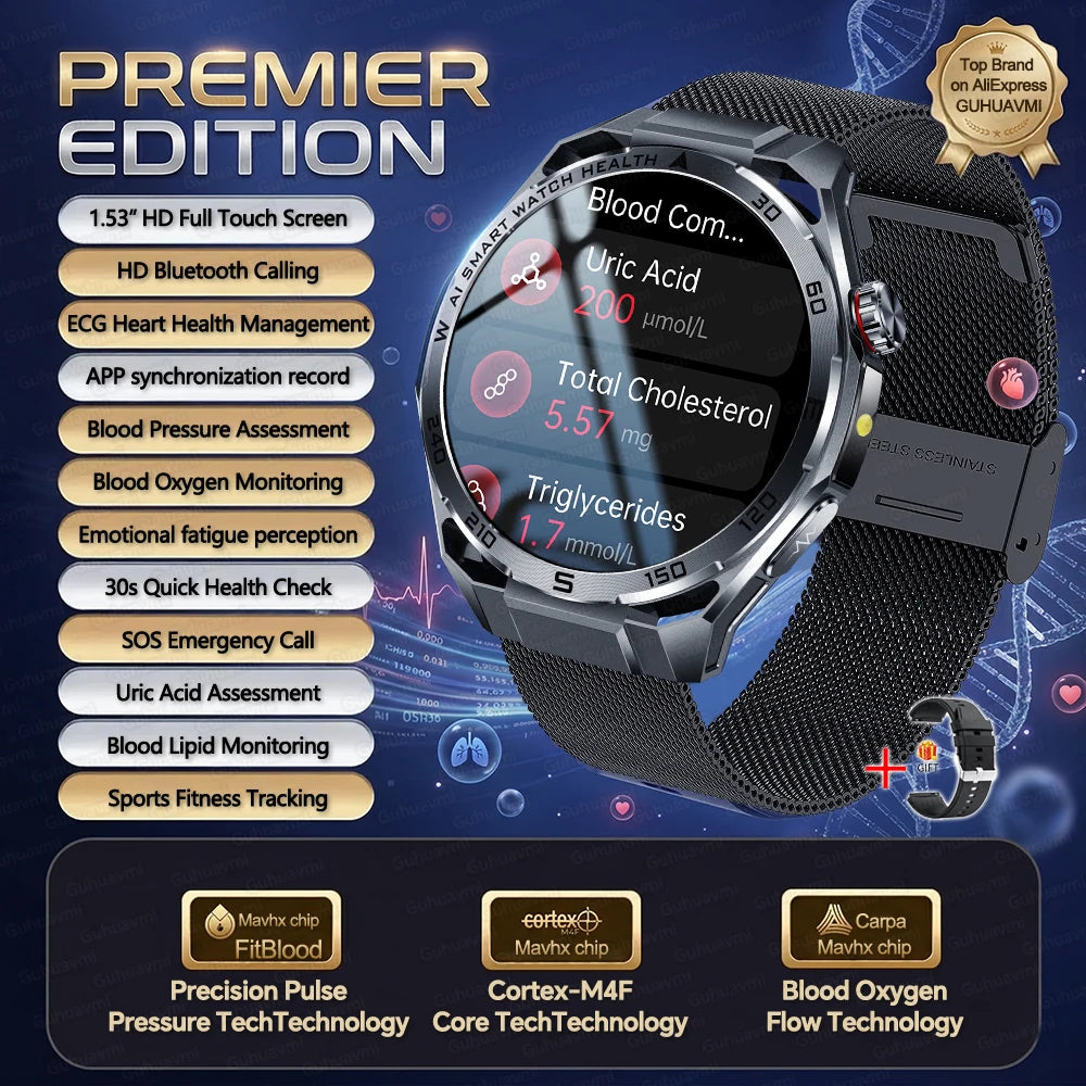 Nursing-Grade AI ECG Smart Watch | Sapphire Glass & Bluetooth