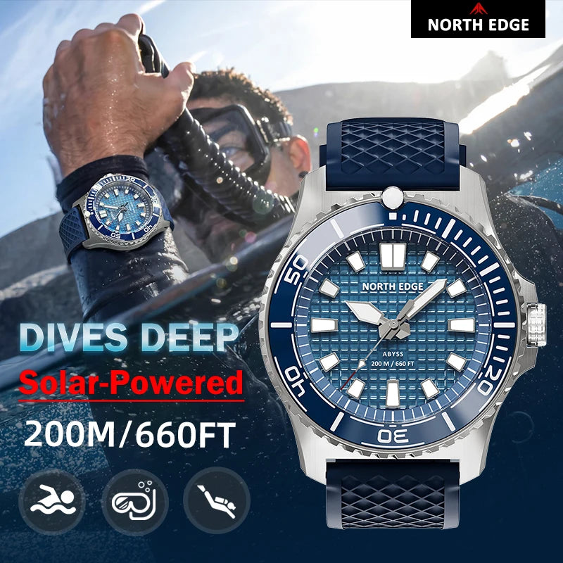 NORTH EDGE ABYSS Men Solar Powered Diving Quartz Luxury Watch 200M Waterproof Dive Sports Watches 316L Steel Case 180+ Day Power