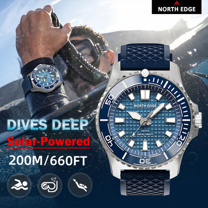 NORTH EDGE ABYSS Solar Diver-Style Watch – Ceramic Bezel, Ice-Texture Dial, 200m