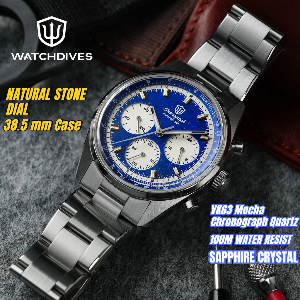 Watchdives WD0526 VK63 Mecha Quartz Chronograph Watch 38.5mm Sapphire Crystal 100M Waterproof Stainless Steel Men Watch