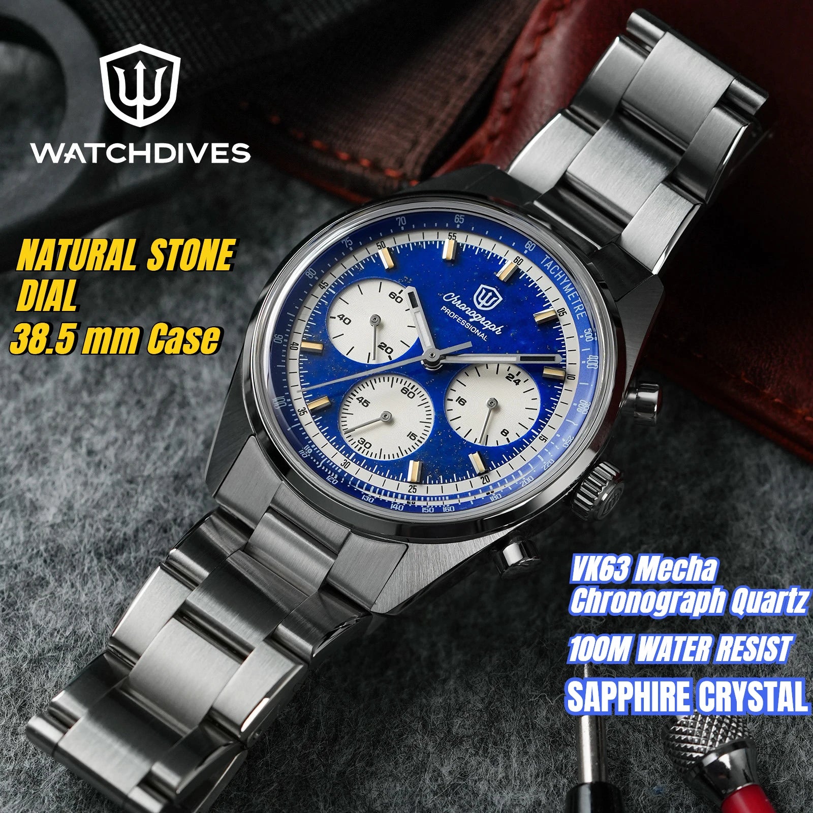 Watchdives WD0526 VK63 Mecha Quartz Chronograph Watch 38.5mm Sapphire Crystal 100M Waterproof Stainless Steel Men Watch