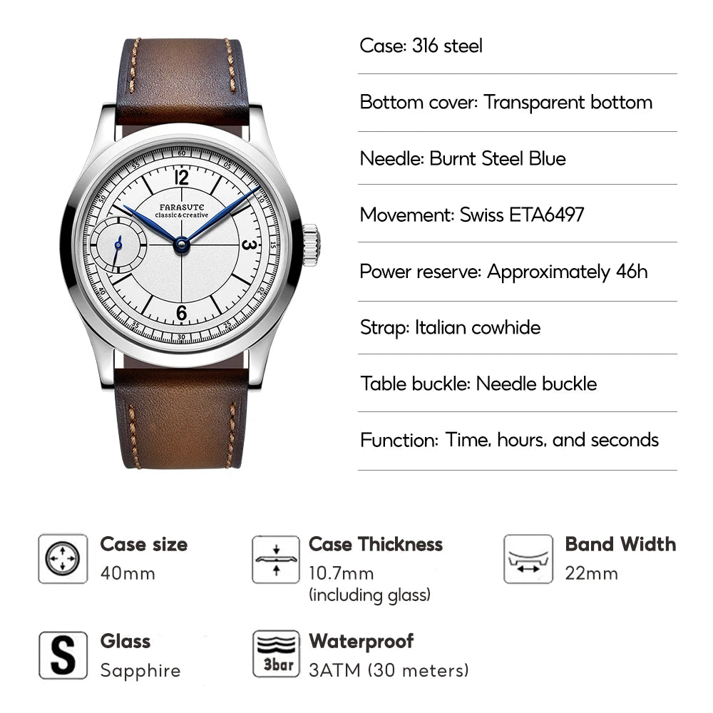 FARASUTE Luxury 40mm Manual Mechanical Watches Men Swiss ETA6497 Movement Business 3Bar Waterproof Sapphire Wristwatch Reloj