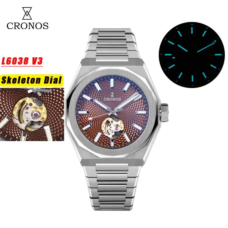 Cronos New Rhombus Perlage 39mm  Skeleton Dial PT5004 Miyota 90S5 See-through Caseback Men Automatic Wristwatches 10ATM Lumious