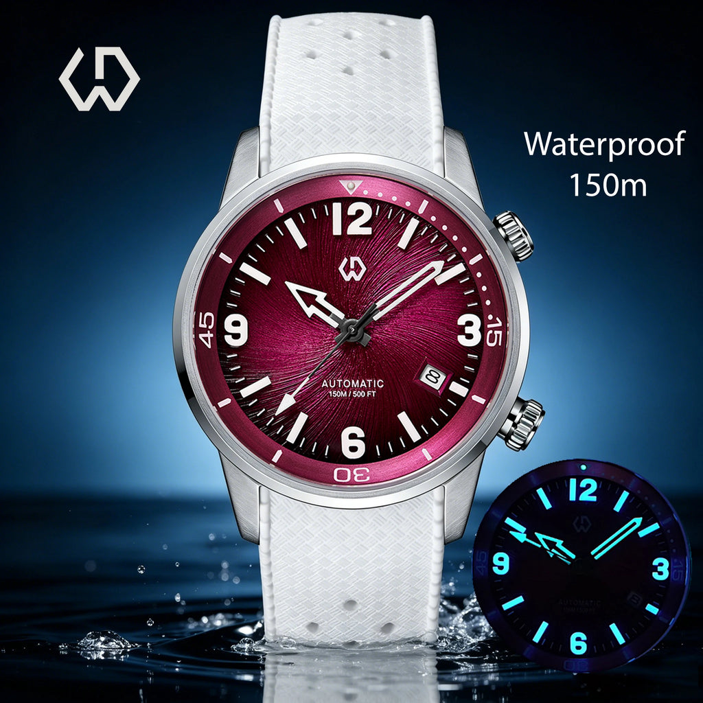 WISHDOIT 2026 Double Crown Auto Mechanical Watch, Radioactive Texture Dial Rotating Inner Shadow Bezel 150M Waterproof